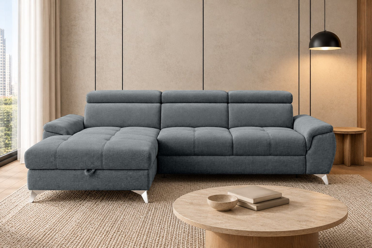 Ecksofa Luno in Strukturstoff Grau, Ottomane links – Frontansicht