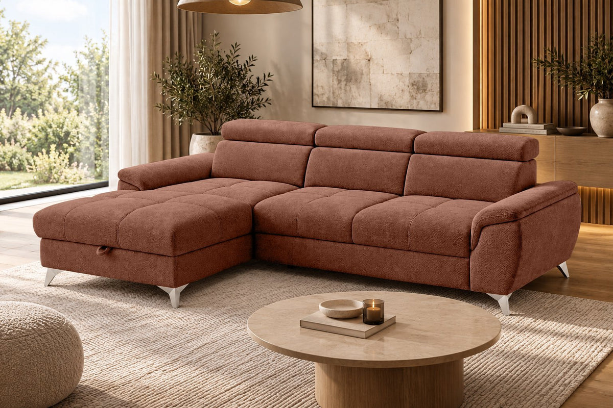 Ecksofa Luno in Strukturstoff Terrakotta, Ottomane links – Wohnansicht