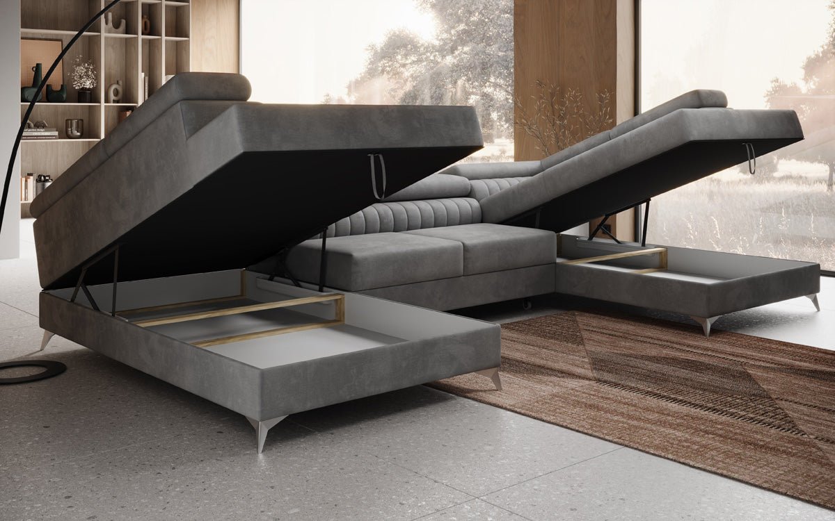 Designer Sofa Aurea U mit Schlaf- und Klappfunktion in Samt