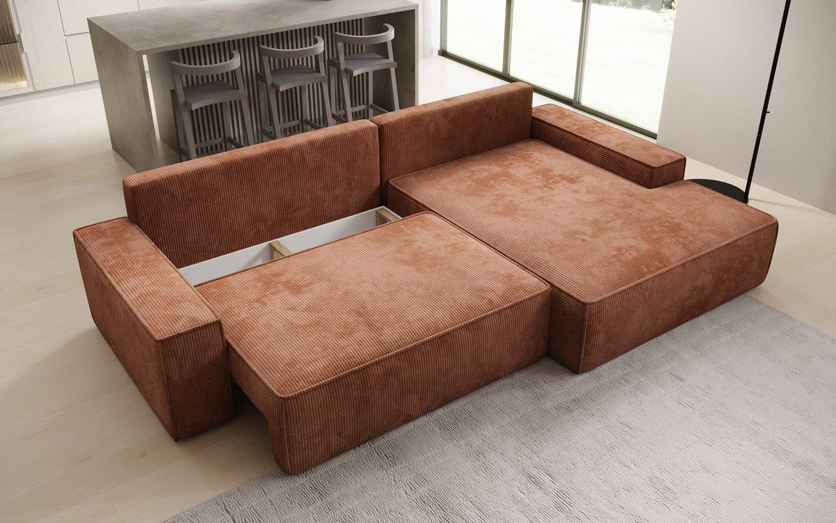 Designer Ecksofa Verona mit breiter Ottomane mit Schlaf- und Klappfunktion in Cord
