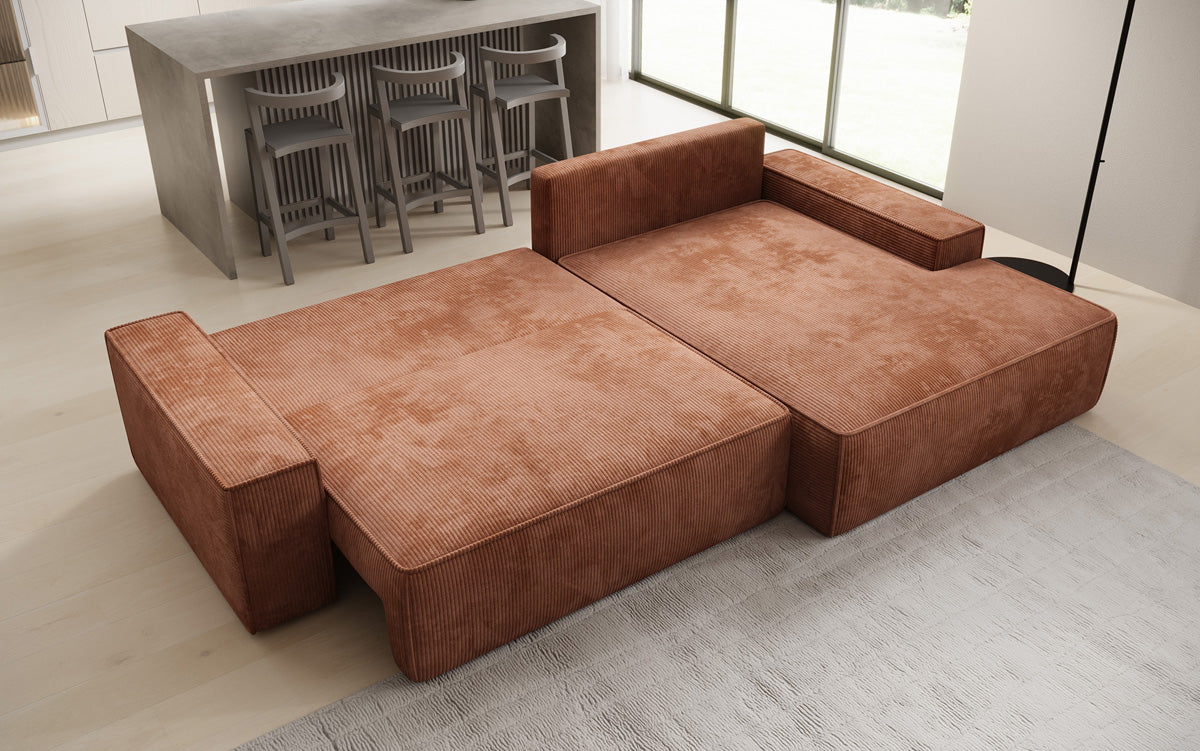 Designer Ecksofa Verona mit breiter Ottomane mit Schlaf- und Klappfunktion in Cord