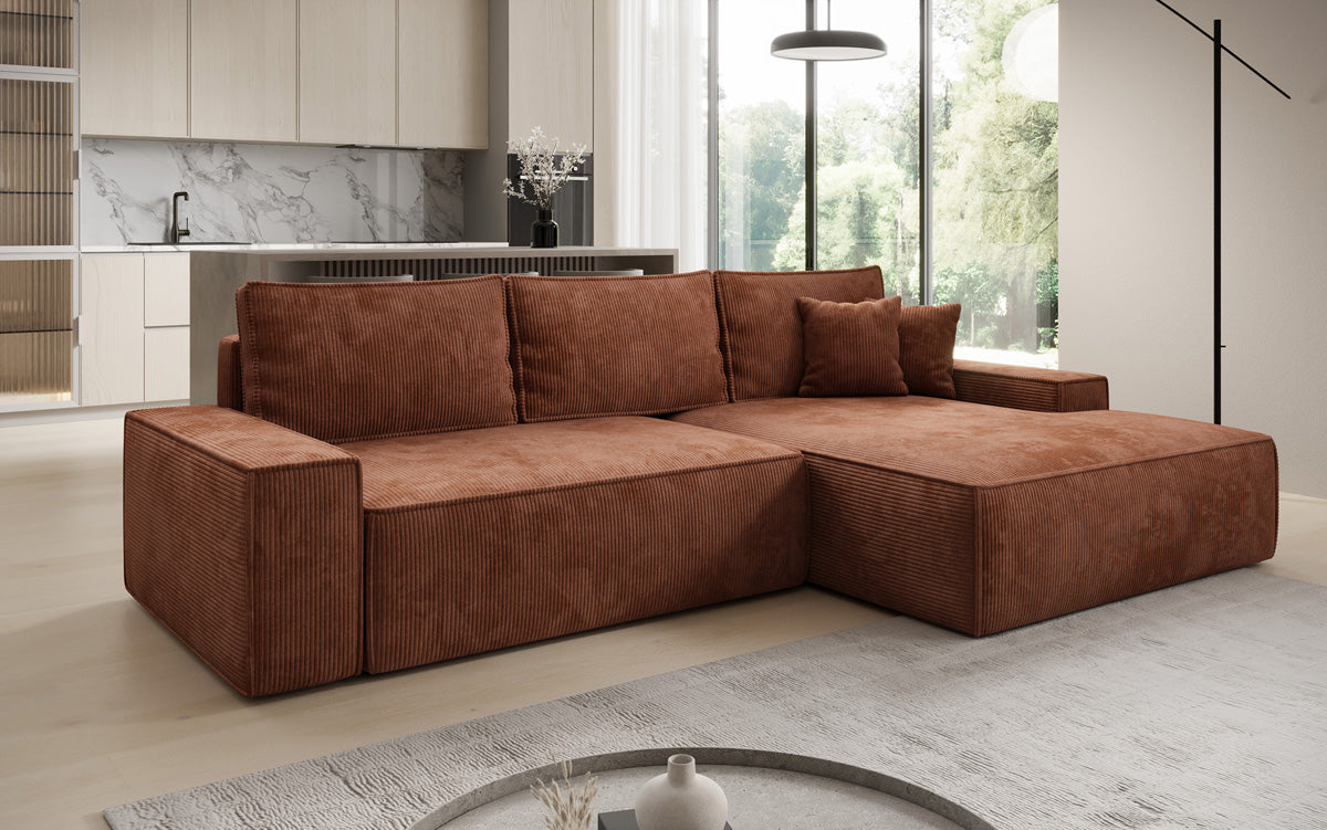 Designer Ecksofa Verona mit breiter Ottomane mit Schlaf- und Klappfunktion in Cord