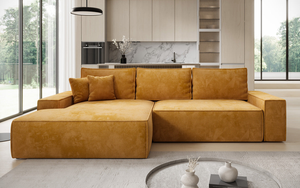 Designer Ecksofa Verona mit breiter Ottomane mit Schlaf- und Klappfunktion in Cord