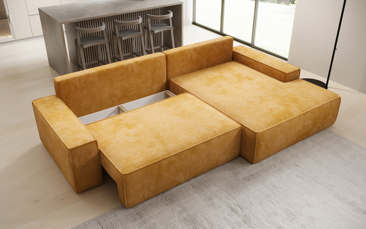 Designer Ecksofa Verona mit breiter Ottomane mit Schlaf- und Klappfunktion in Cord