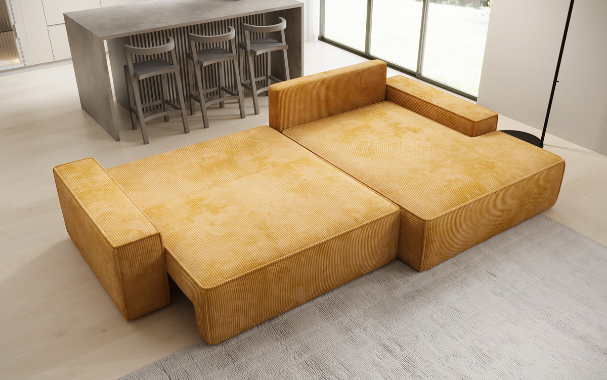 Designer Ecksofa Verona mit breiter Ottomane mit Schlaf- und Klappfunktion in Cord