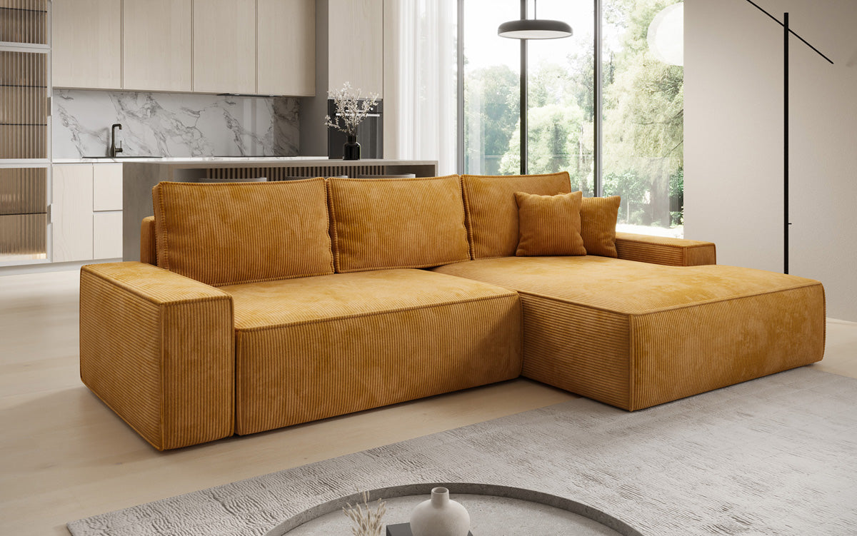 Designer Ecksofa Verona mit breiter Ottomane mit Schlaf- und Klappfunktion in Cord