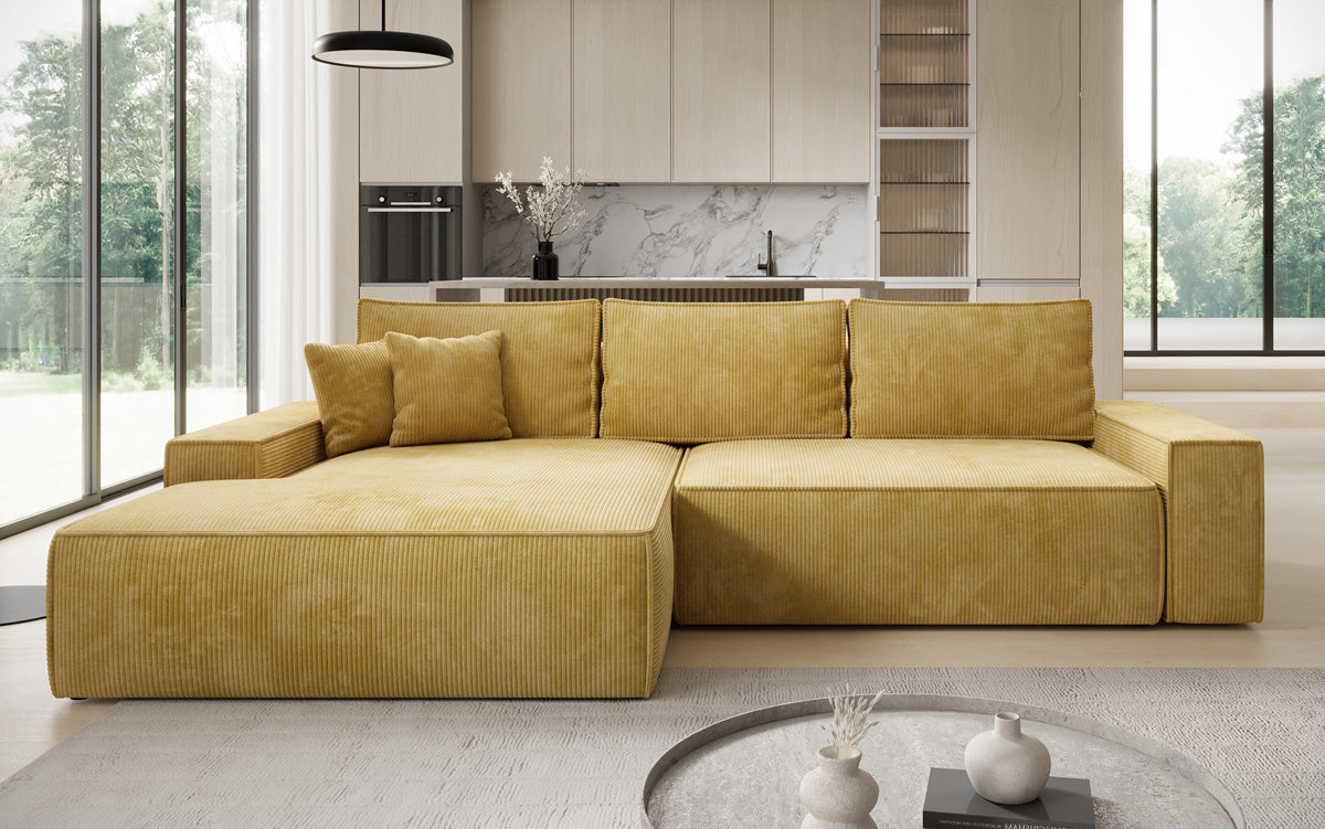 Designer Ecksofa Verona mit breiter Ottomane mit Schlaf- und Klappfunktion in Cord