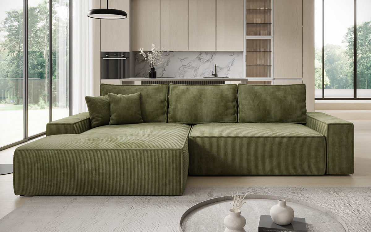 Designer Ecksofa Verona mit breiter Ottomane mit Schlaf- und Klappfunktion in Cord