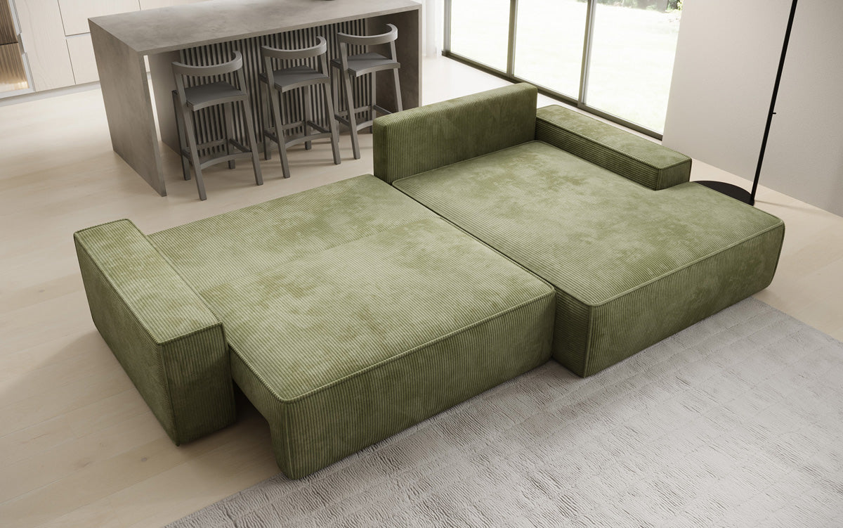 Designer Ecksofa Verona mit breiter Ottomane mit Schlaf- und Klappfunktion in Cord