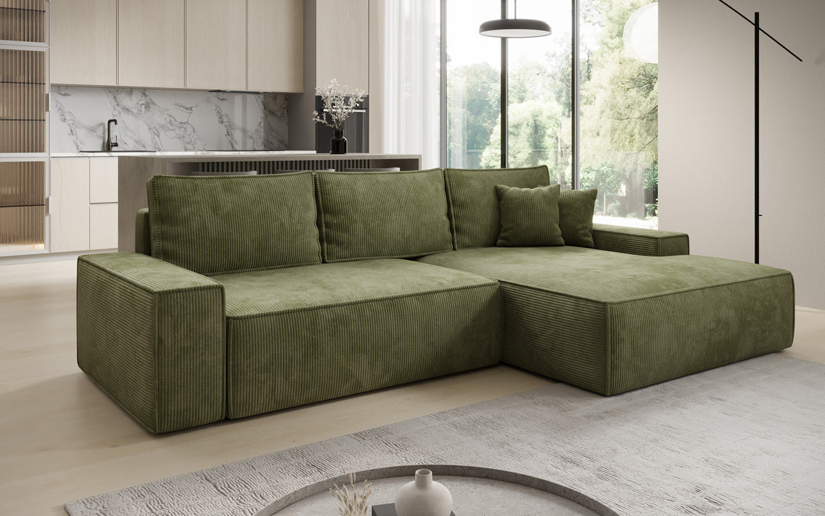 Designer Ecksofa Verona mit breiter Ottomane mit Schlaf- und Klappfunktion in Cord