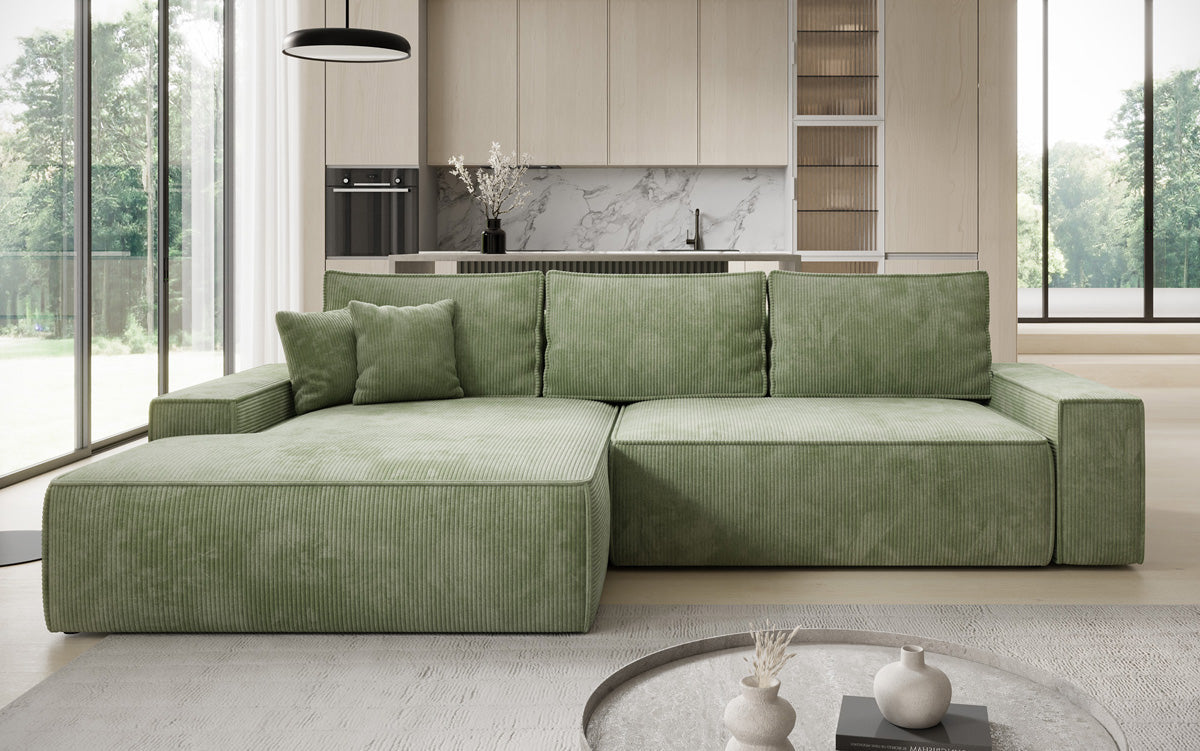 Designer Ecksofa Verona mit breiter Ottomane mit Schlaf- und Klappfunktion in Cord