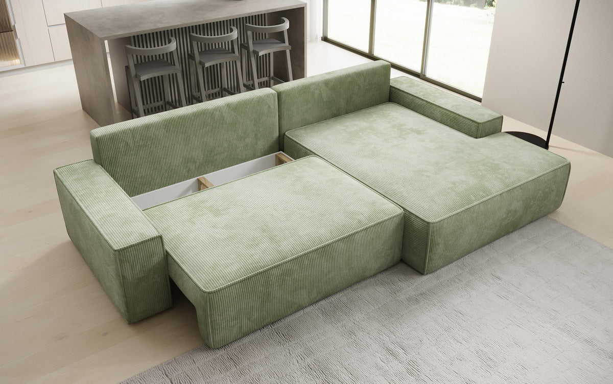 Designer Ecksofa Verona mit breiter Ottomane mit Schlaf- und Klappfunktion in Cord