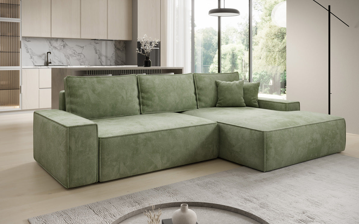 Designer Ecksofa Verona mit breiter Ottomane mit Schlaf- und Klappfunktion in Cord