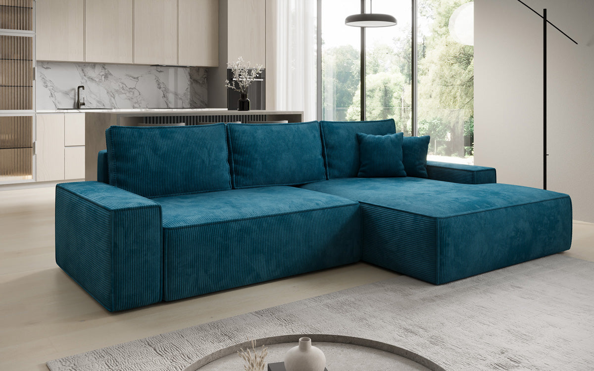 Designer Ecksofa Verona mit breiter Ottomane mit Schlaf- und Klappfunktion in Cord