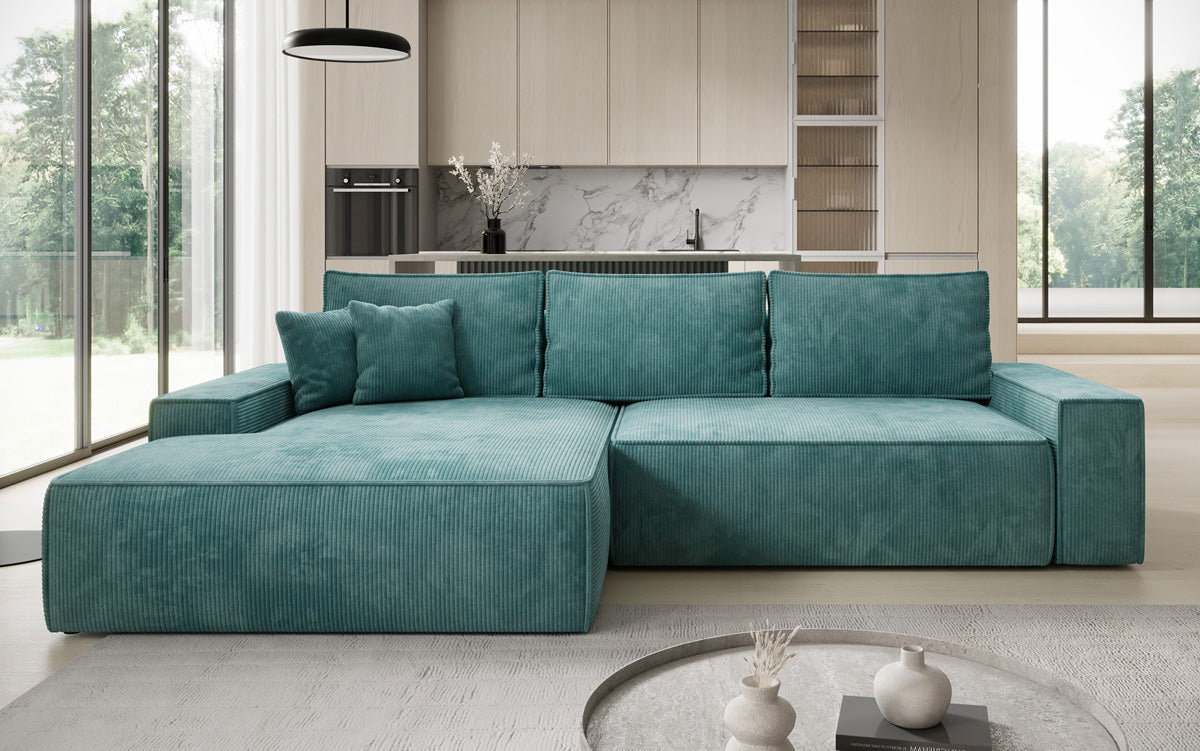Designer Ecksofa Verona mit breiter Ottomane mit Schlaf- und Klappfunktion in Cord