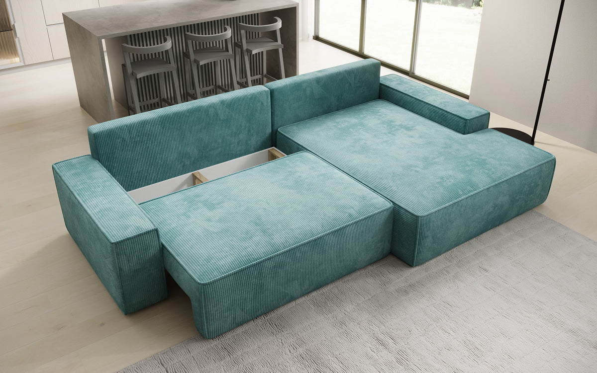 Designer Ecksofa Verona mit breiter Ottomane mit Schlaf- und Klappfunktion in Cord
