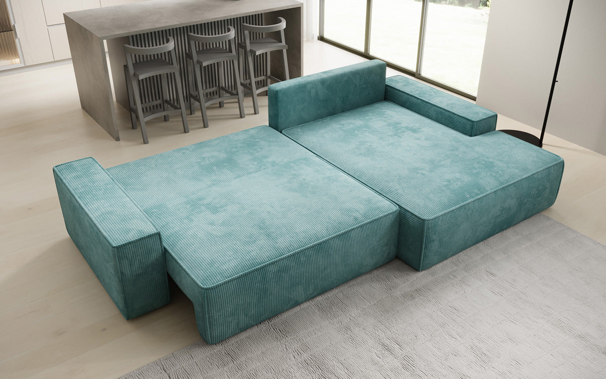 Designer Ecksofa Verona mit breiter Ottomane mit Schlaf- und Klappfunktion in Cord