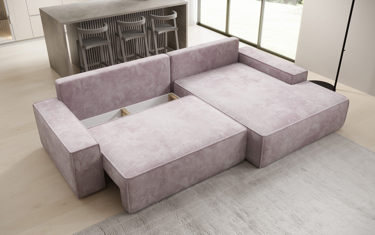 Designer Ecksofa Verona mit breiter Ottomane mit Schlaf- und Klappfunktion in Cord