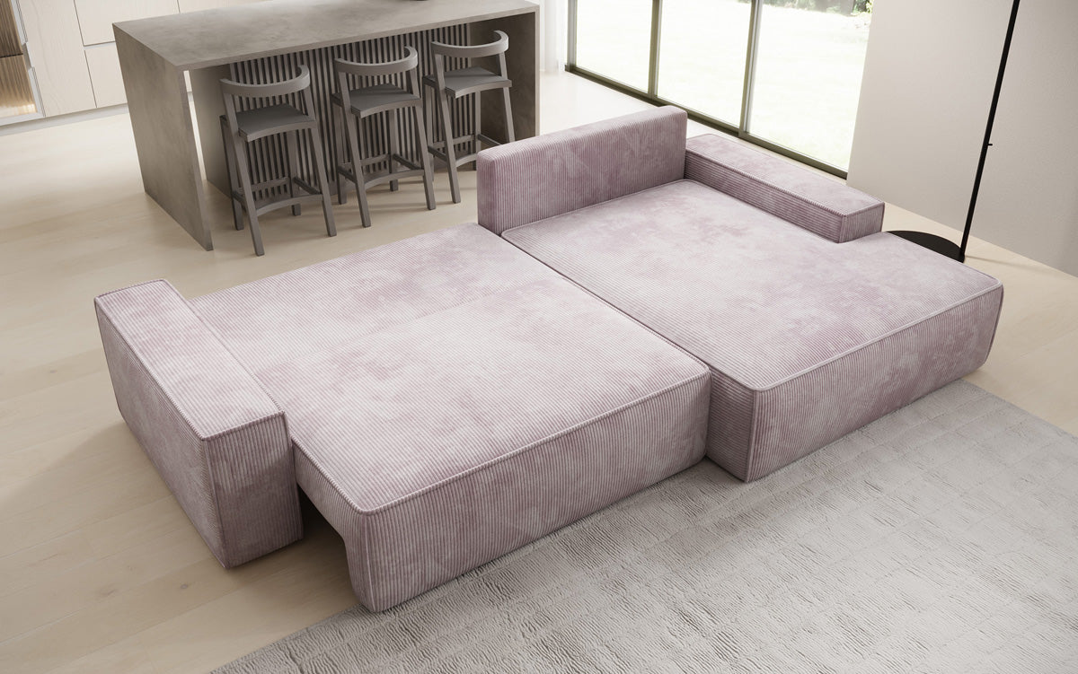 Designer Ecksofa Verona mit breiter Ottomane mit Schlaf- und Klappfunktion in Cord