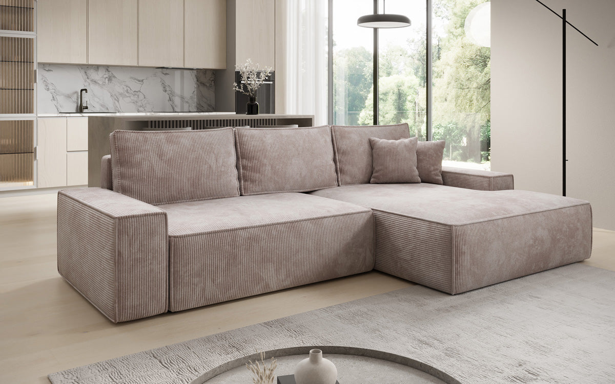 Designer Ecksofa Verona mit breiter Ottomane mit Schlaf- und Klappfunktion in Cord