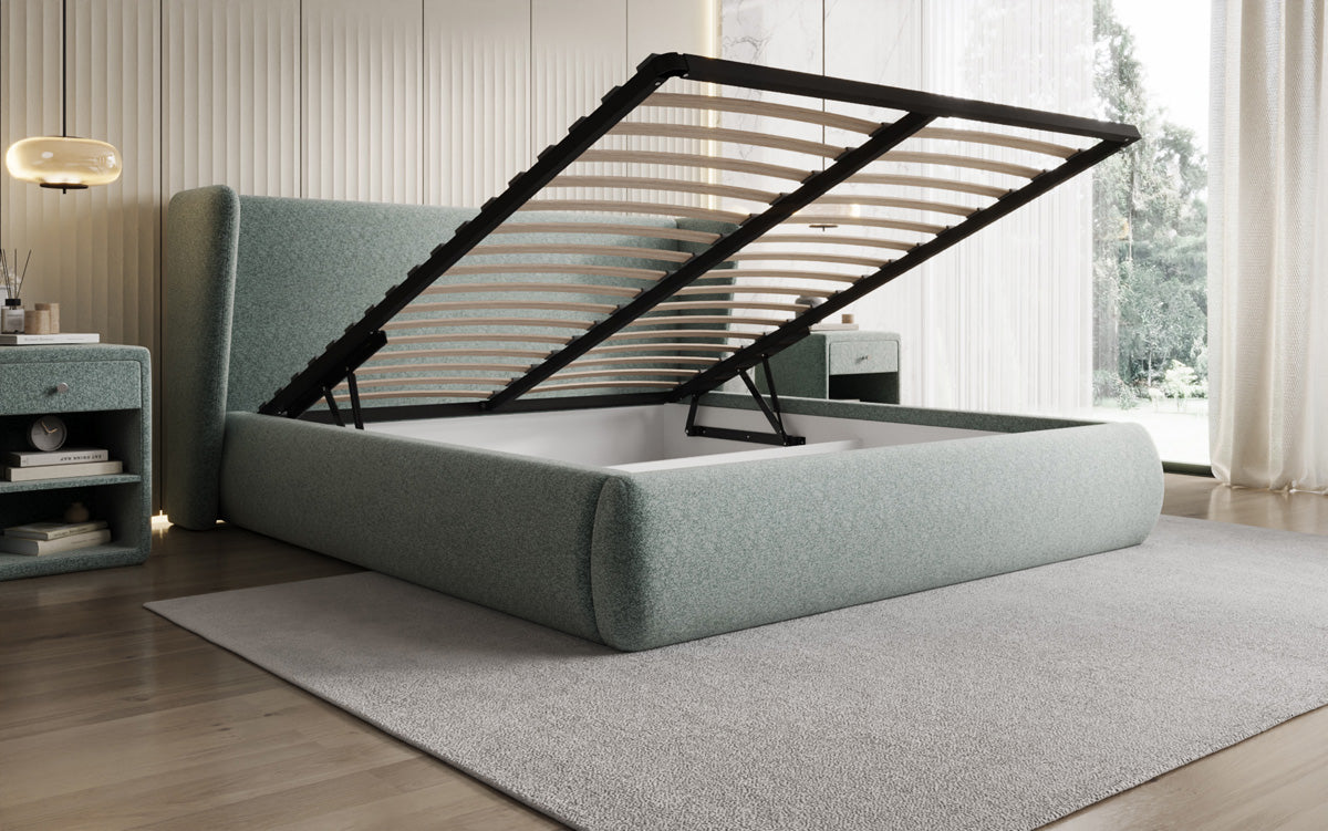 Designer Polsterbett Rosalie in Strukturstoff mit Stauraum