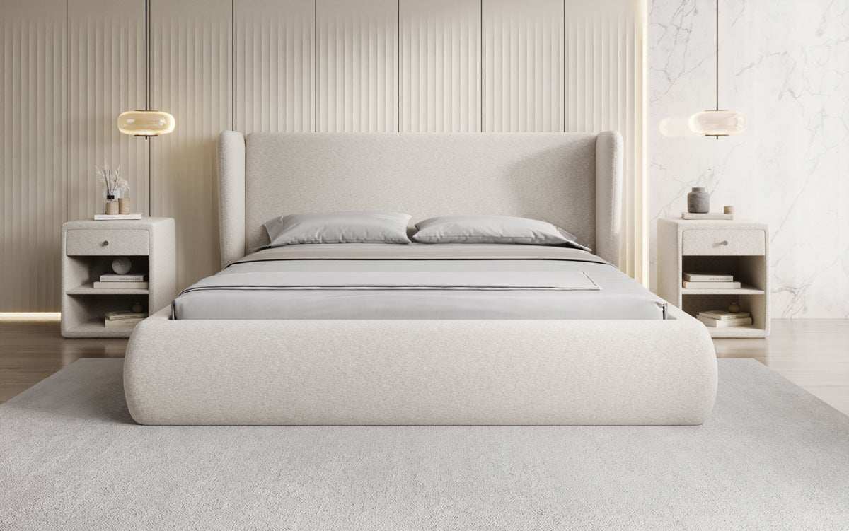 Designer Polsterbett Rosalie in Strukturstoff mit Stauraum
