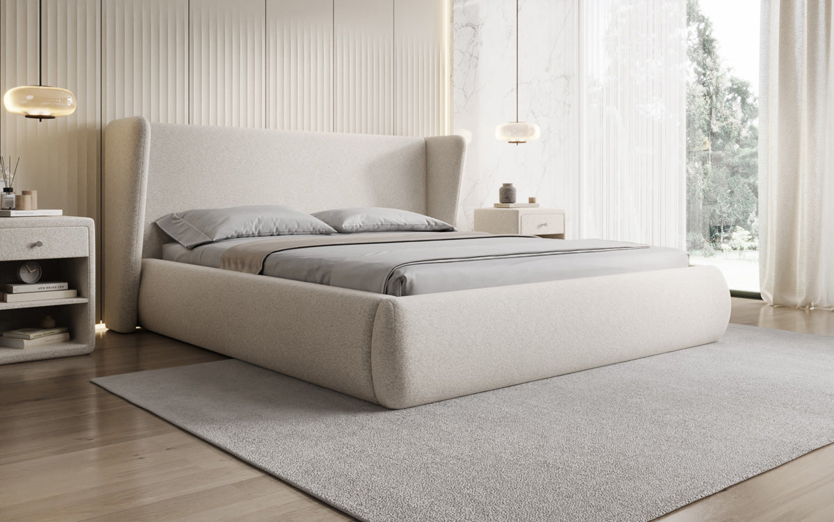 Designer Polsterbett Rosalie in Strukturstoff mit Stauraum