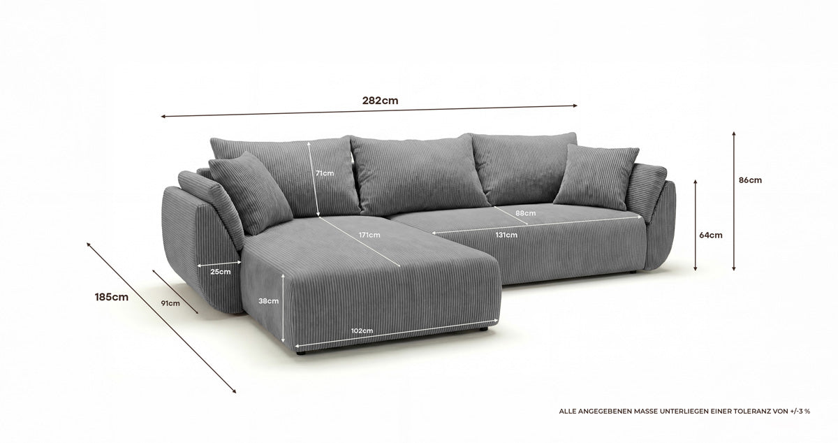 Designer Sofa Lenoa L mit Schlaf- und Klappfunktion in Cord
