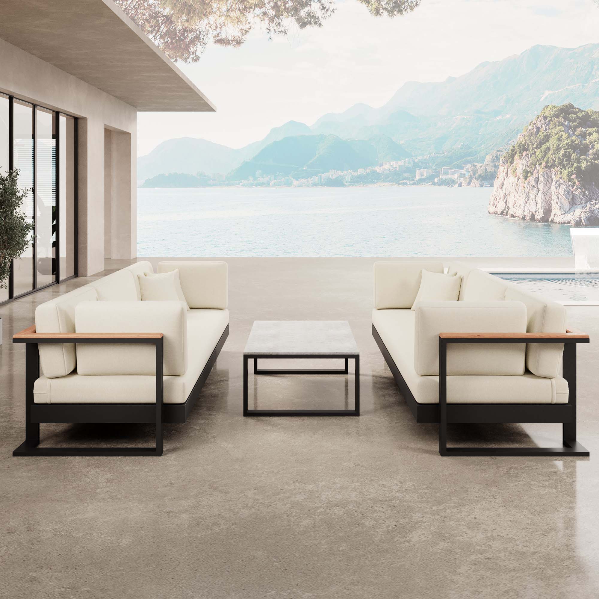 Vayla – 2 Dreisitzer & Tisch aus schwarzem Aluminium | Aevora™ Kollektion