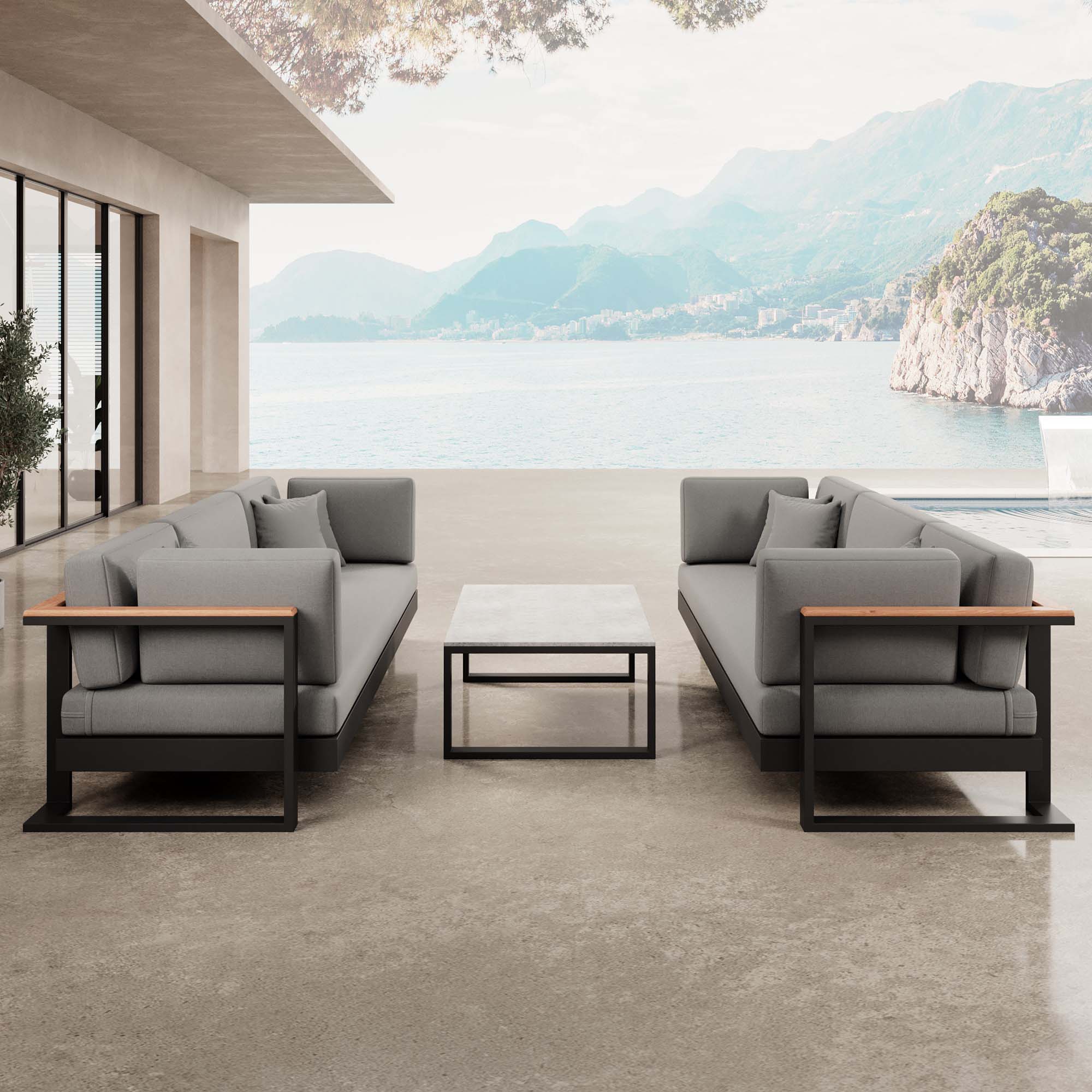 Vayla – 2 Dreisitzer & Tisch aus schwarzem Aluminium | Aevora™ Kollektion