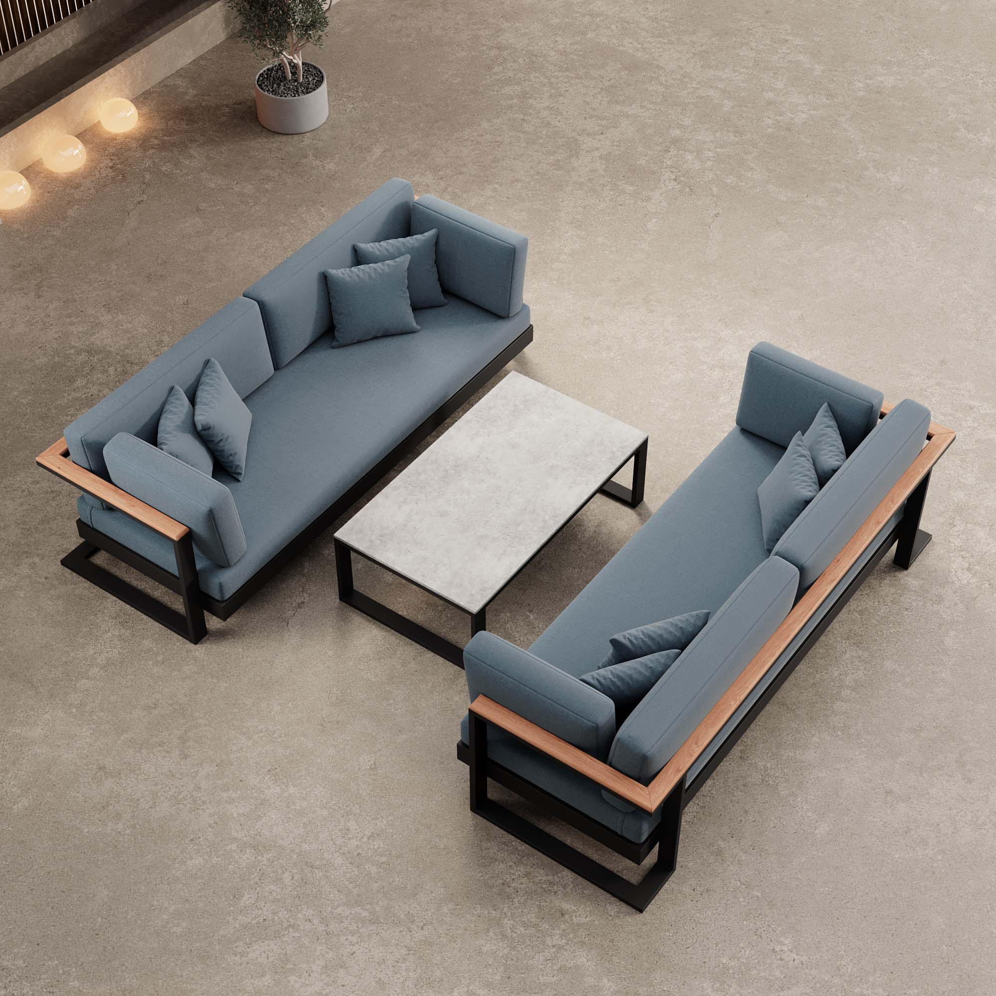 Vayla – 2 Zweisitzer & Tisch aus schwarzem Aluminium | Aevora™ Kollektion