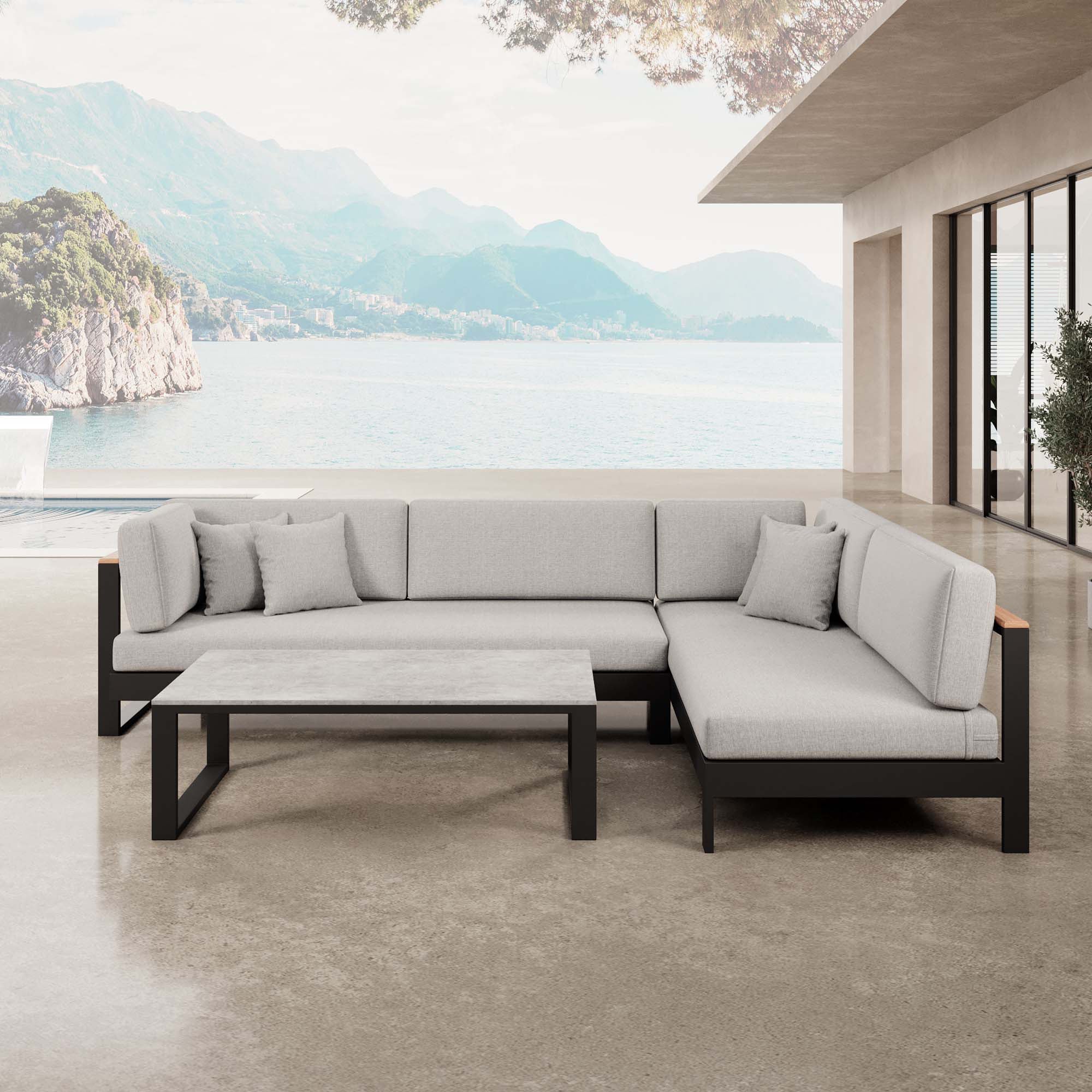 Vayla – Ecklounge, Ecksofa & Tisch aus schwarzem Aluminium | Aevora™ Kollektion