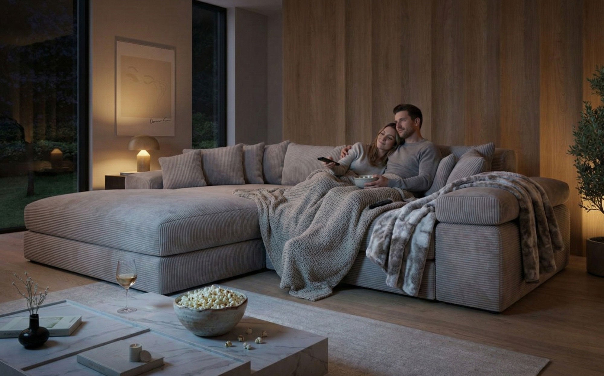 Designer Sofa Bernardo mit breiter Ottomane in Cord