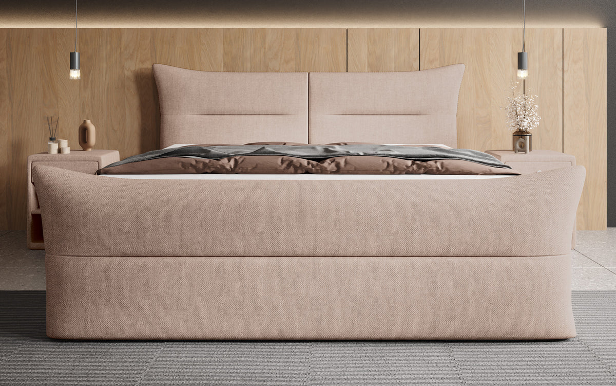 Boxspringbett Elea Leinen-Optik in Beige (Beverly 1) – Milieu frontal