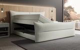 Boxspringbett Elea Leinen-Optik in Salbei (Beverly 15) – Stauraum geöffnet seitlich