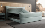 Boxspringbett Elea Leinen-Optik in Vintage Blau (Beverly 16) – Stauraum geöffnet seitlich