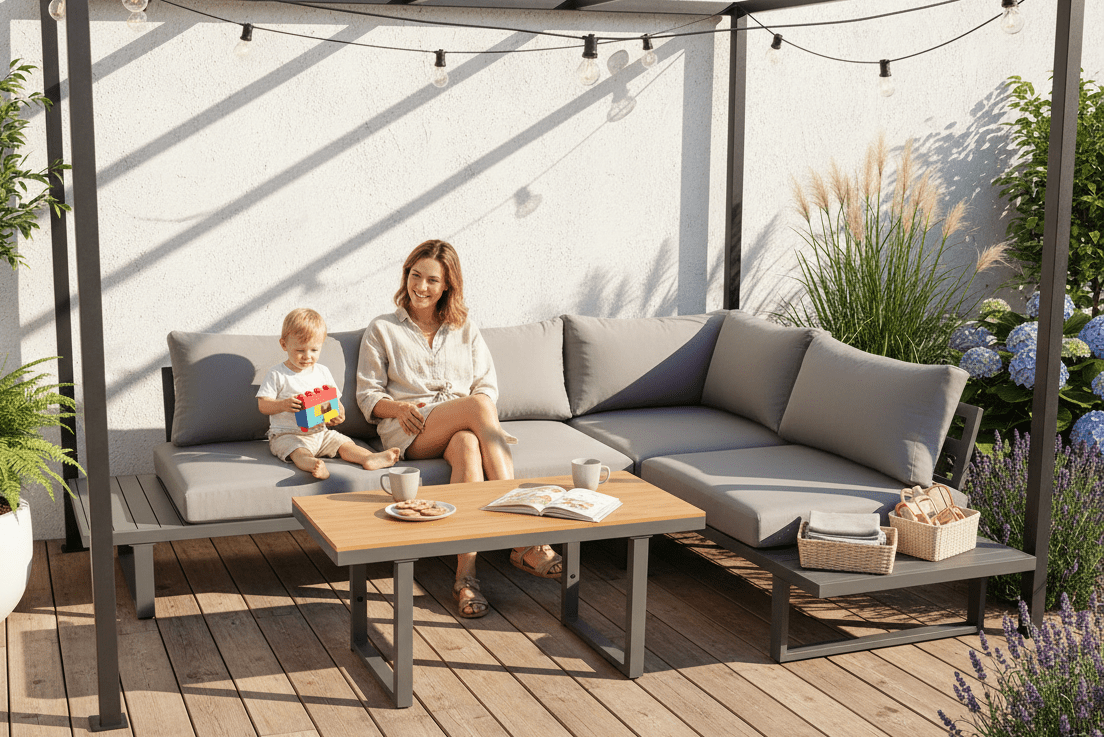 Garten Loungeset Santorin – Aluminium Ecksofa mit höhenverstellbarem Tisch