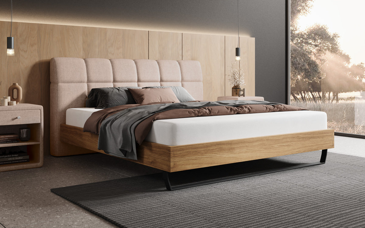 Boxspringbett Levio Leinen-Optik in Beige (Beverly 1) – Milieu seitlich