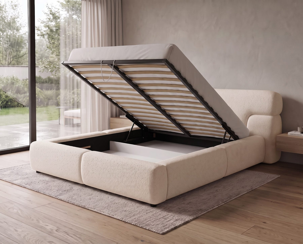 Designer Polsterbett Lovis in Strukturstoff mit Stauraum – Beige