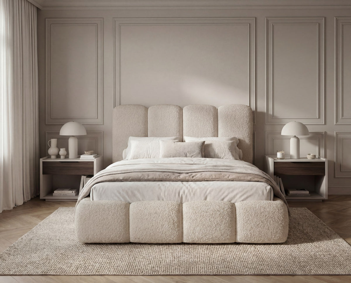 Designer Polsterbett Perla in Bouclé – Beige