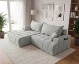 Designer Ecksofa Pino in Samt mit Schlaffunktion & Stauraum – Hellgrau – Links