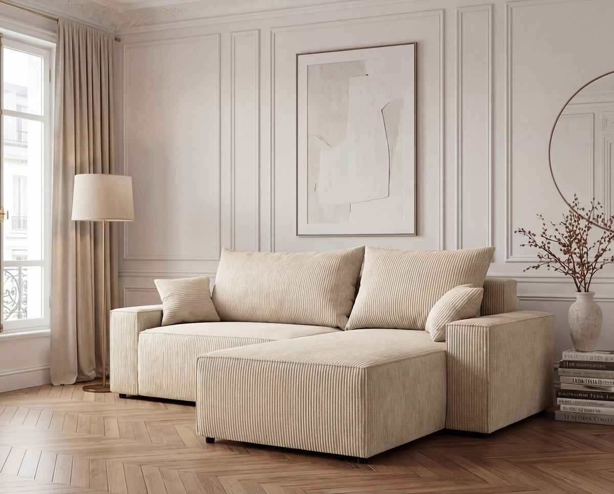 Designer Ecksofa Rino in Cord mit Schlaffunktion & Stauraum – Beige – Links