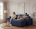 Designer Ecksofa Rino in Cord mit Schlaffunktion & Stauraum – Blau – Links