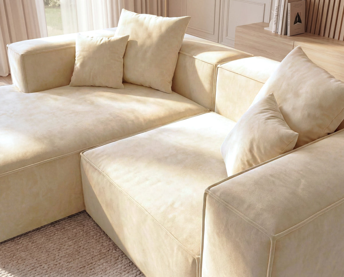 Designer Ecksofa Reno in Samt – Beige – Links
