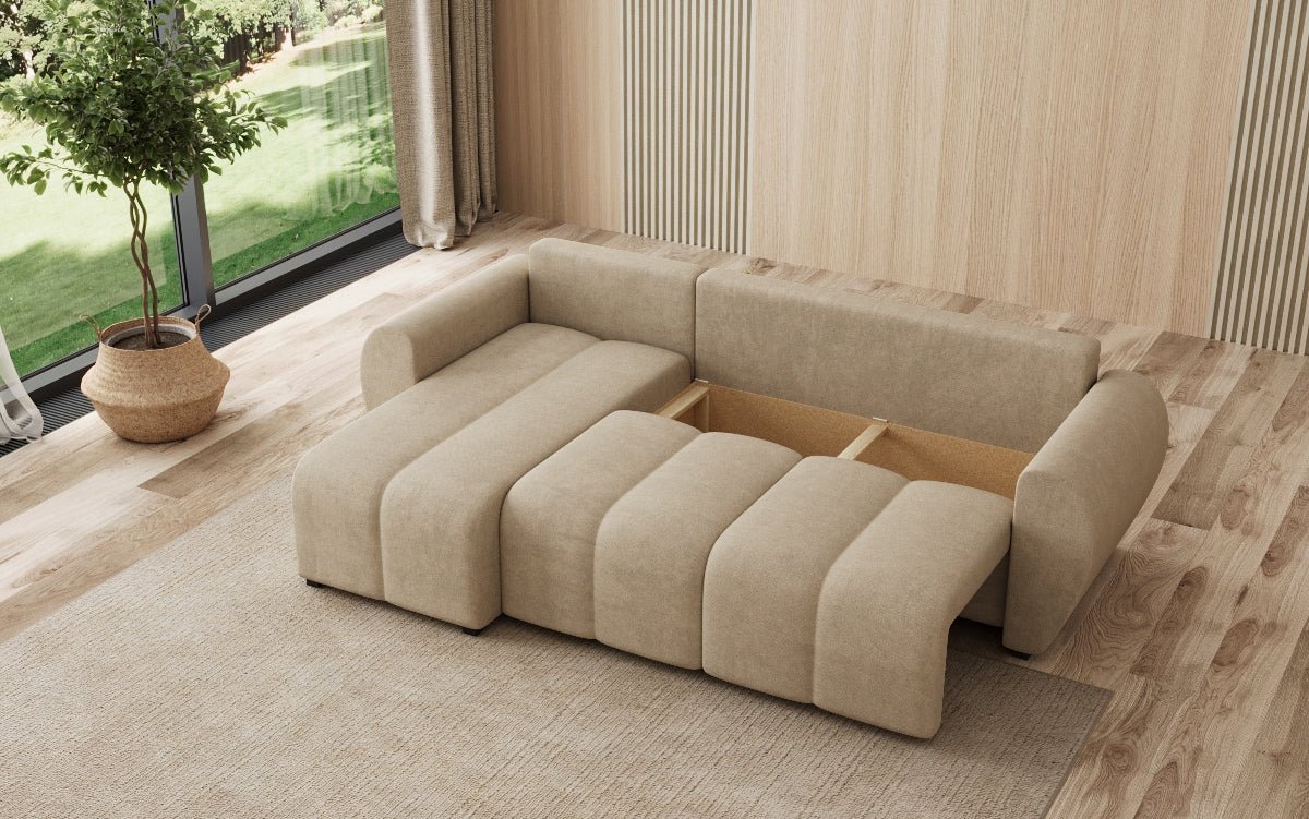 Designer Sofa Sorella L mit Schlaf- und Klappfunktion in Stoff