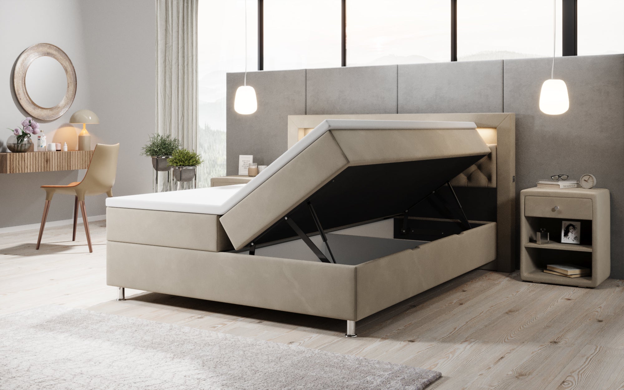 Boxspringbett Troja mit RGB, USB und Stauraum